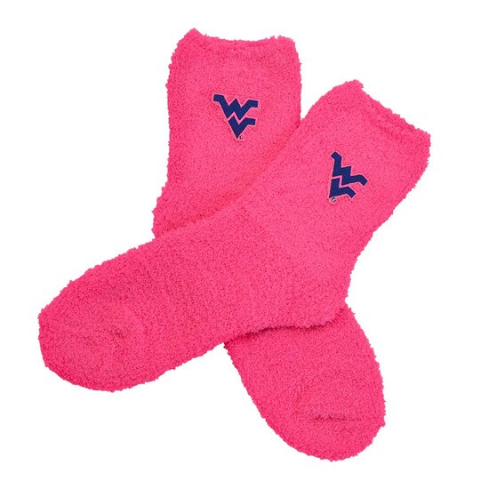Hot pink WVU fuzzy socks with a navy embroidered Flying WV near the top